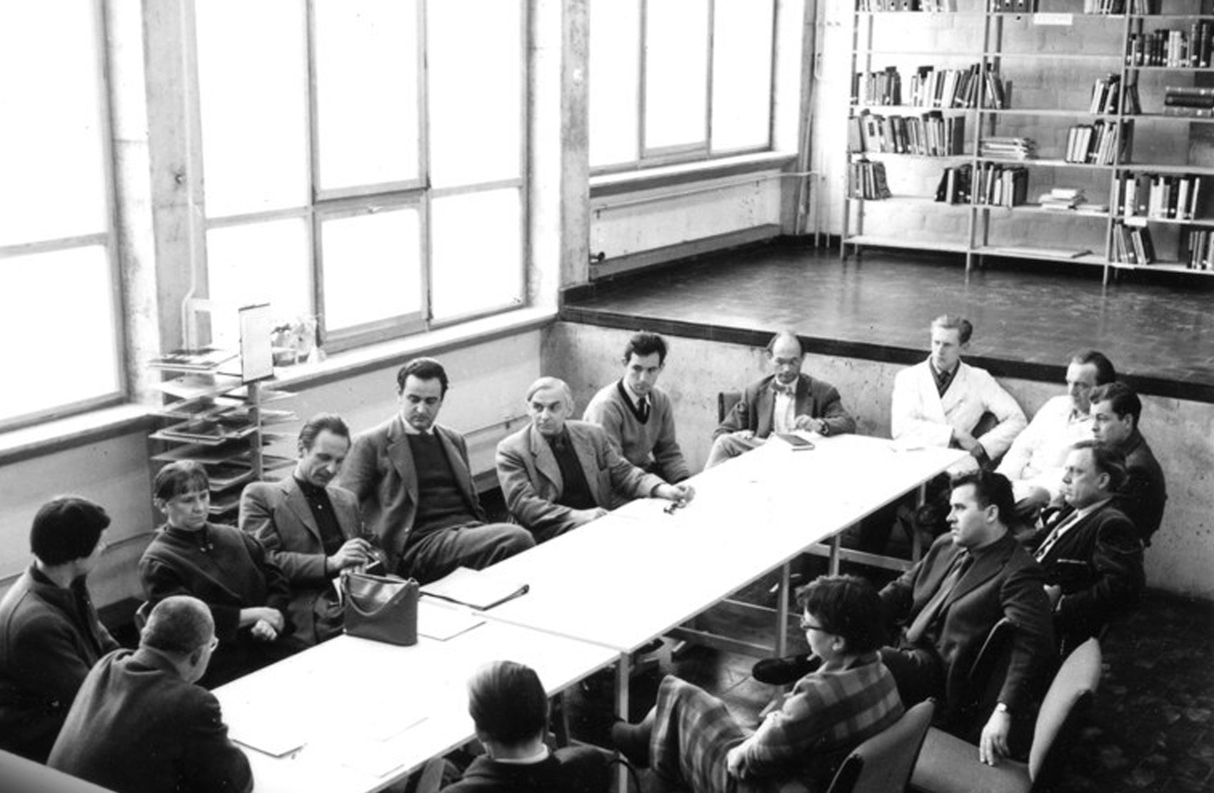 Faculty meeting in the library, 1955